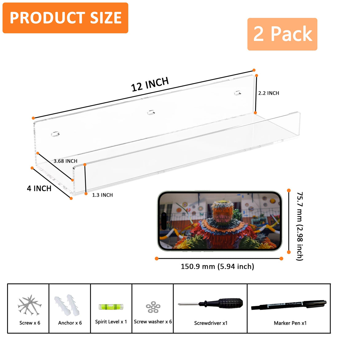 Mini L-Shape Acrylic Wall Shelves, Pack of 2 — 12 inch Clear – view 2
