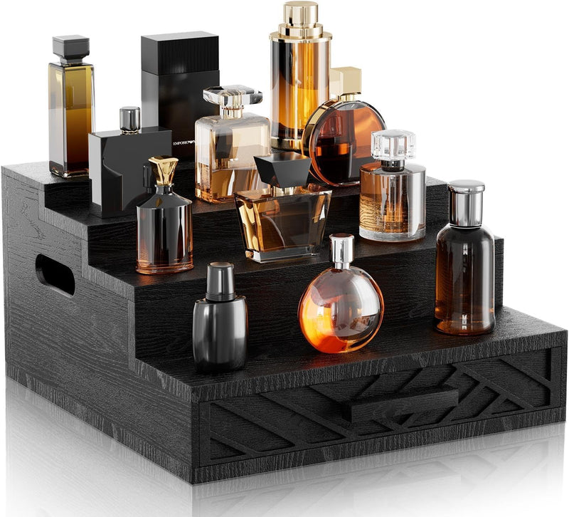 Duveesha 12-Inch Black Wood Cologne Organizer for Men with Drawer & Hidden Compartment – Tiered Perfume Display Stand for Dresser, Grooming Essentials & Collectibles – Gift for Him
