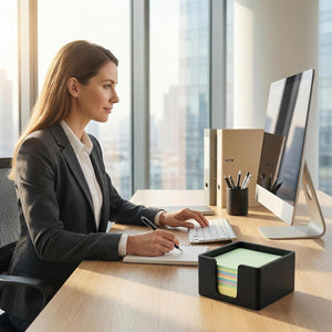 Premium Sticky Note Holder for Desk – Elegant 3x3 Inch Memo Pad Dispenser | Modern Minimalist Post-it Organizer | Durable & Compact Desktop Storage for Office, Home & Study | Matte Black Finish