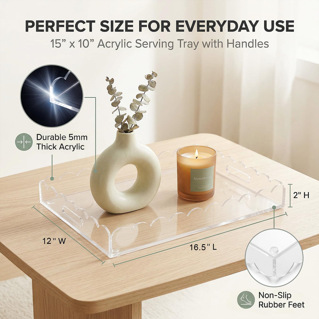 FUOAUYK Clear Acrylic Serving Tray with Handles, 17 x 12 Inch Scalloped Decorative Tray for Coffee Table & Ottoman, Perfume & Cosmetics Organizer for Bathroom Vanity & Kitchen, Ideal for Drink & Snack