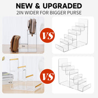 2 Pack 3-Tier Purse Display Stands, Acrylic Wallet Holder Risers Stand, 2-Inch Spacing Clear Clutch Rack Handbag Display Shelf, 4MM Thick Counter Wallet Organizer for Figure Sunglasses Retail Vendor