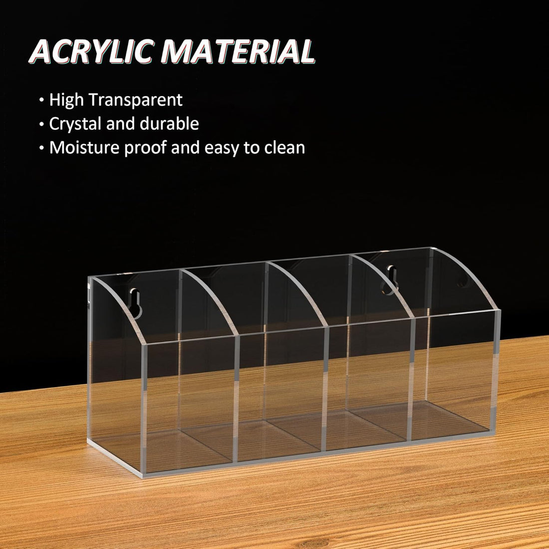 Clear Acrylic Wall-Mount Pen & Brush Organizer, 4 Compartments, No-Drill — PENCIL-HOLDER-D8 – view 6