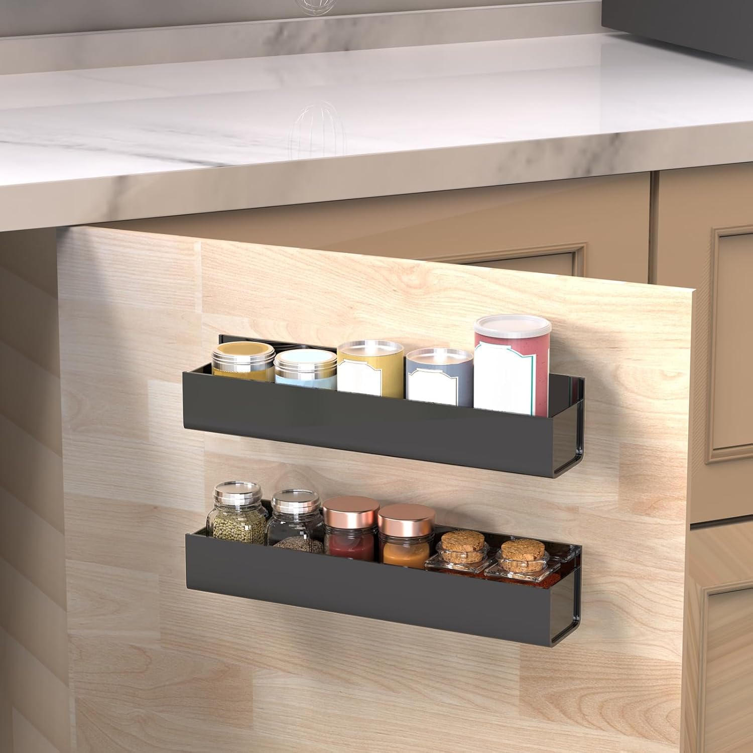 Acrylic Spice Rack for Wall & Cabinet Door, No-Drill Adhesive or Screw Mount, Pack of 2 — Black – view 6