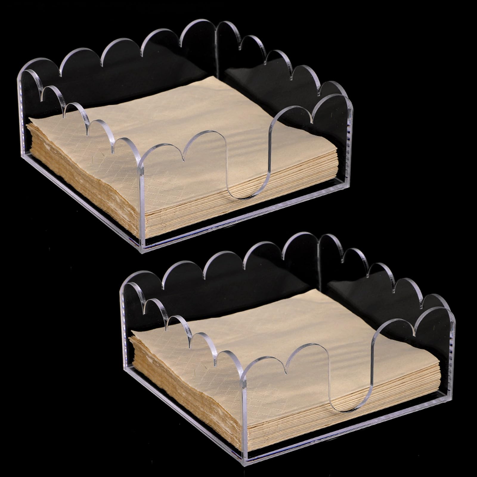 Cocktail Napkin Holder 2 Pack, Acrylic Napkin Holder Crystal Clear Scalloped Tray for Kitchen, Dining, Bar, Restaurant, Wedding, Party (5.5 x 5.5 Inch)