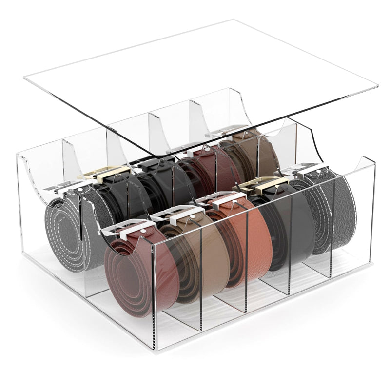 ACRYDECOR Large Acrylic Belt Organizer, Clear 10 Compartments Belt Storage for Closet with Dust Cover, Clear Belt Container Display Holder