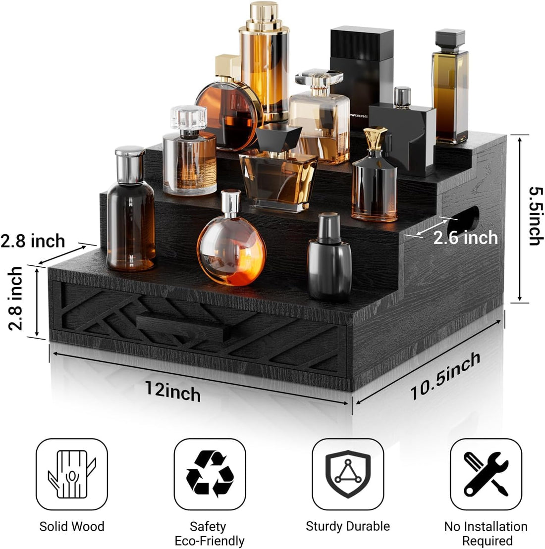 Black Wood Cologne Organizer with Drawer & Side Handles, 3 Tier, 12 in – view 3