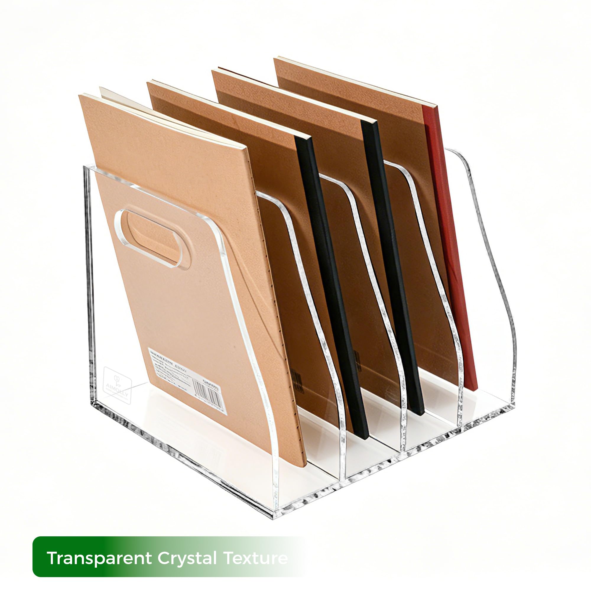 AIMOLLY Acrylic Magazine File Holder, 4 Vertical Compartments Desk Document Sorter Organizer, Clear Folder Rack Binder for Office/Home/Classroom, for Documents, Tablet, Magazines, Books & Accessories