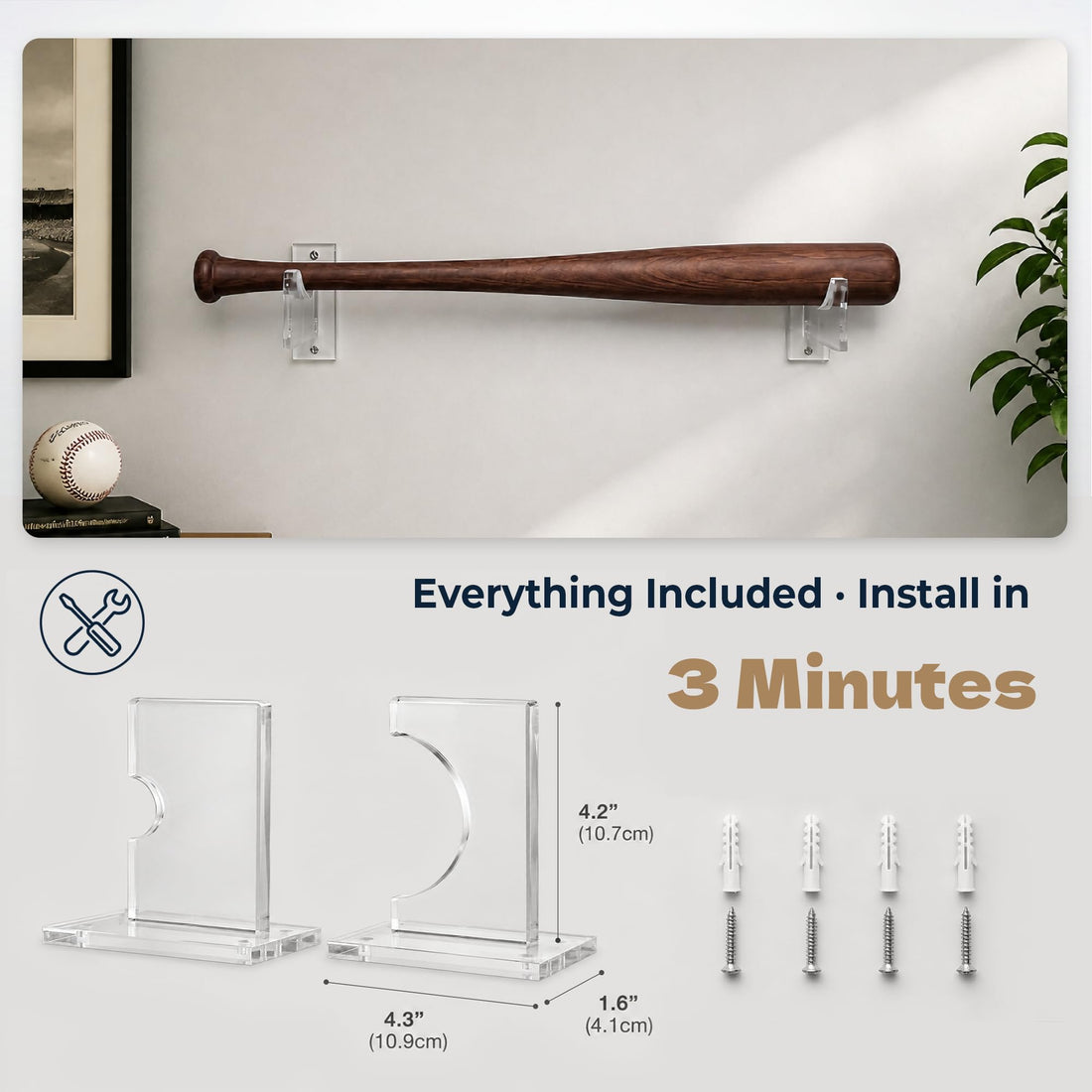 Clear Acrylic Baseball Bat Display Rack, Wall Mount Bat Holder for Mini to Full-Size Bats (18-34 in), 2-Piece Adjustable Bracket Set for Autographed Softball & Baseball Bat, Screws Included – view 5