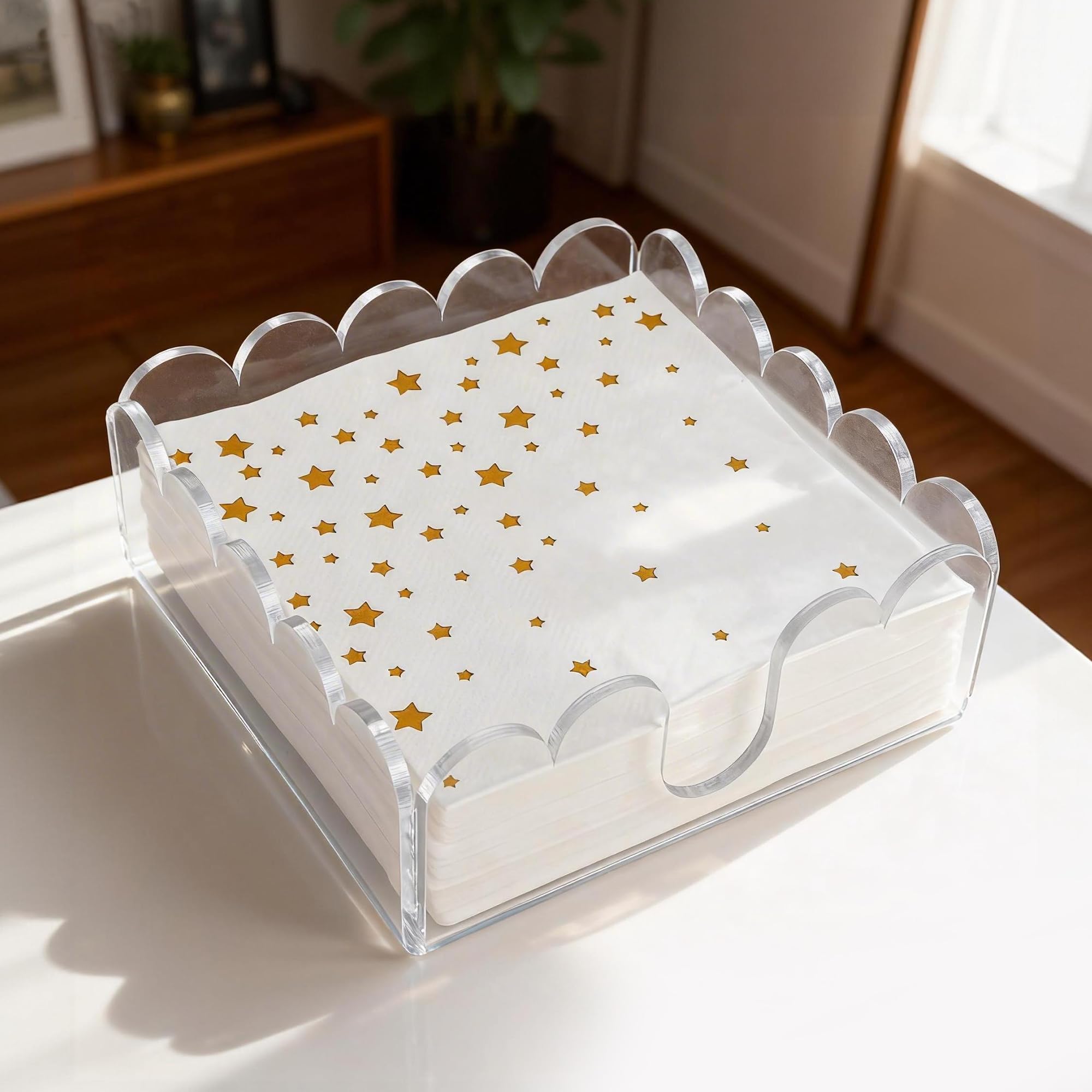 1 PackAcrylic Cocktail Napkin Holder Crystal Clear Scalloped Tray for Cocktail,Beverage Napkin Holder Square Rectangle for Dinner, Kitchen, Bathroom, Restaurant, Bar (5.5 x 5.5 Inch)