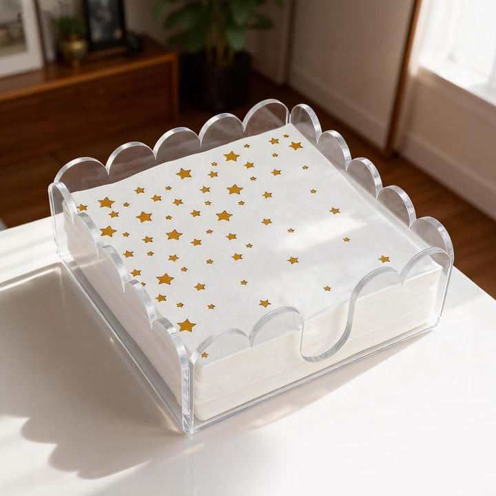 Scalloped Square Clear Acrylic Cocktail Napkin Holder, 5.5 in
