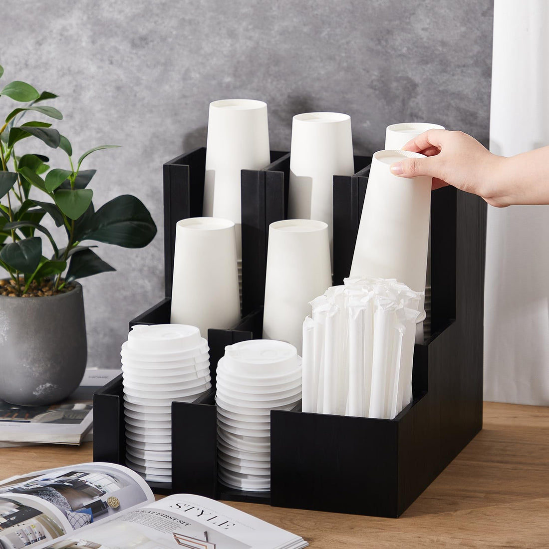 Black Wood Coffee Cup & Lid Organizer, 9 Compartments