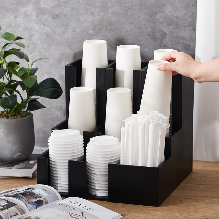 Black Wood Coffee Cup & Lid Organizer, 9 Compartments