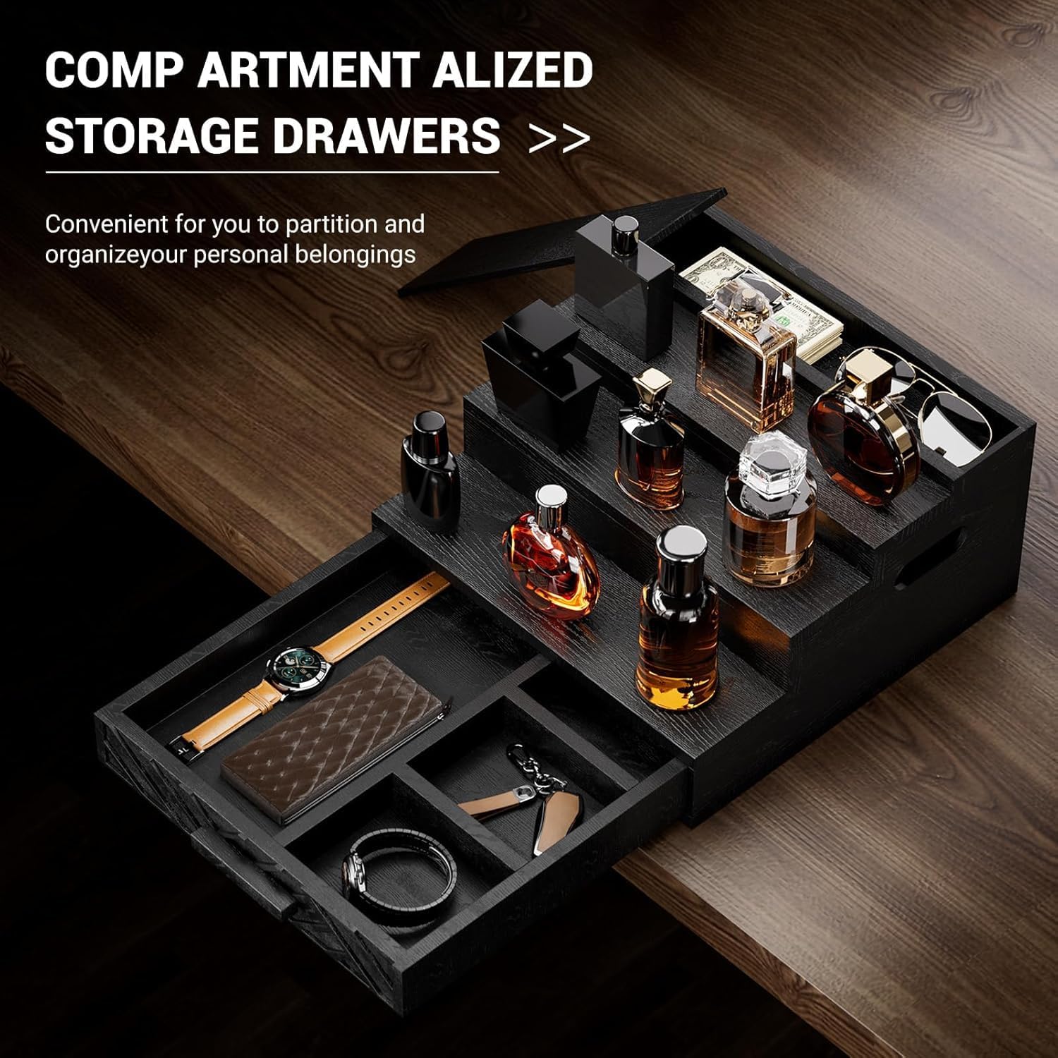 Black Wood Cologne Organizer with Drawer & Side Handles, 3 Tier, 12 in – view 4