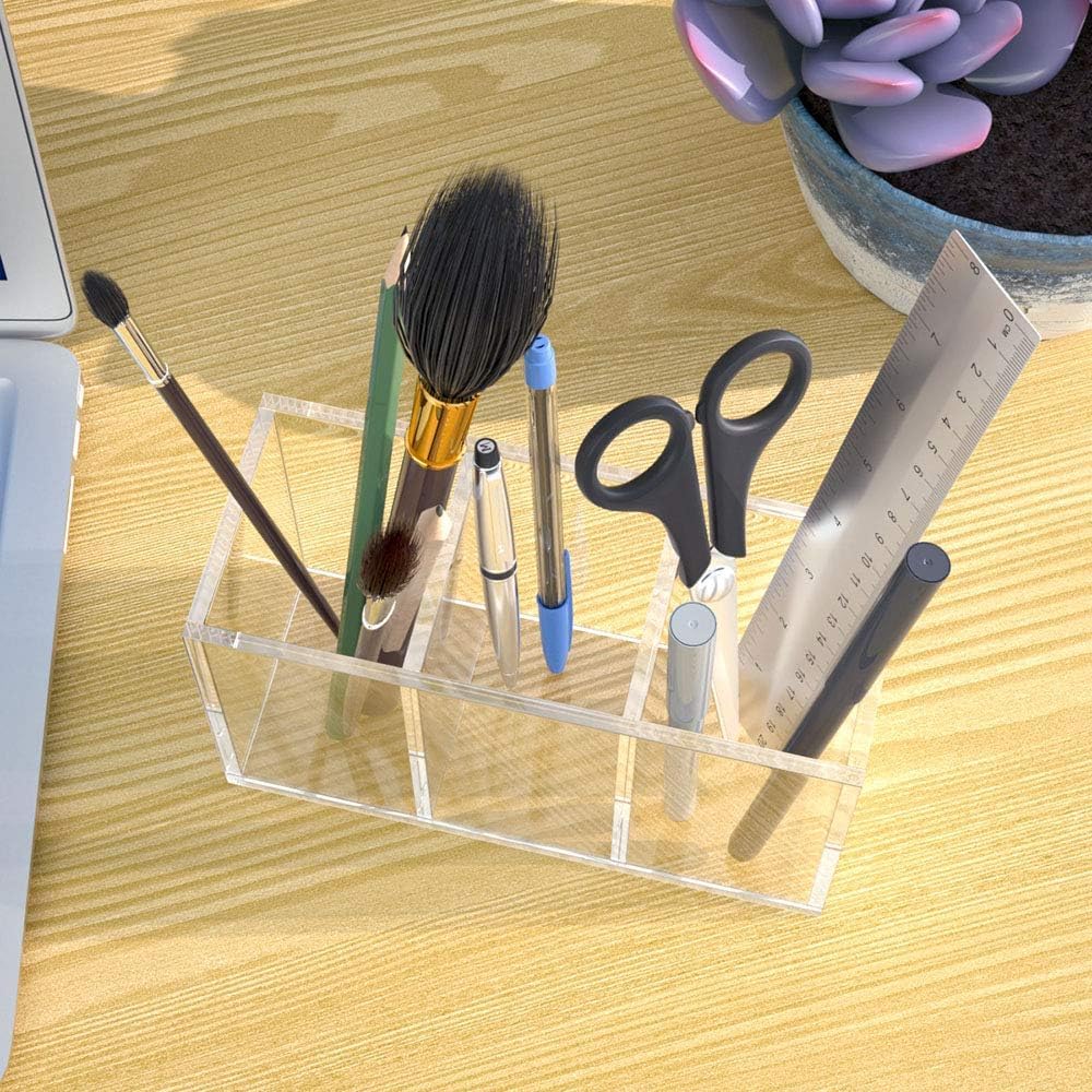 Clear Acrylic Pen Holder, 3 Equal Compartments — PENCIL-HOLDER-D4 – view 7