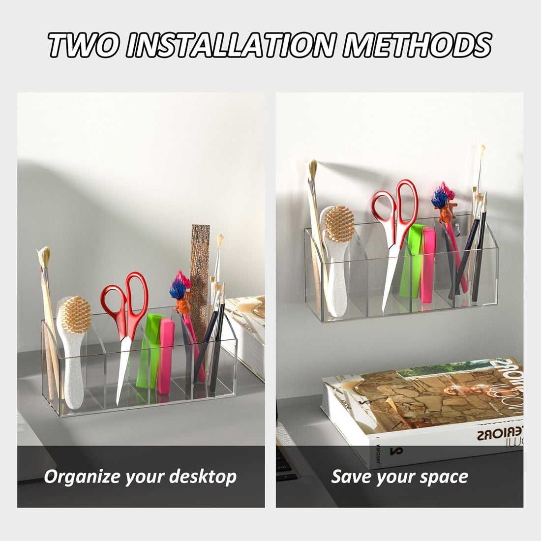 Clear Acrylic Wall-Mount Pen & Brush Organizer, 4 Compartments, No-Drill — PENCIL-HOLDER-D8 – view 7