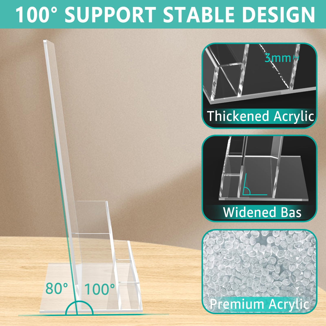Clear acrylic brochure holder with 100-degree angled back and wide base