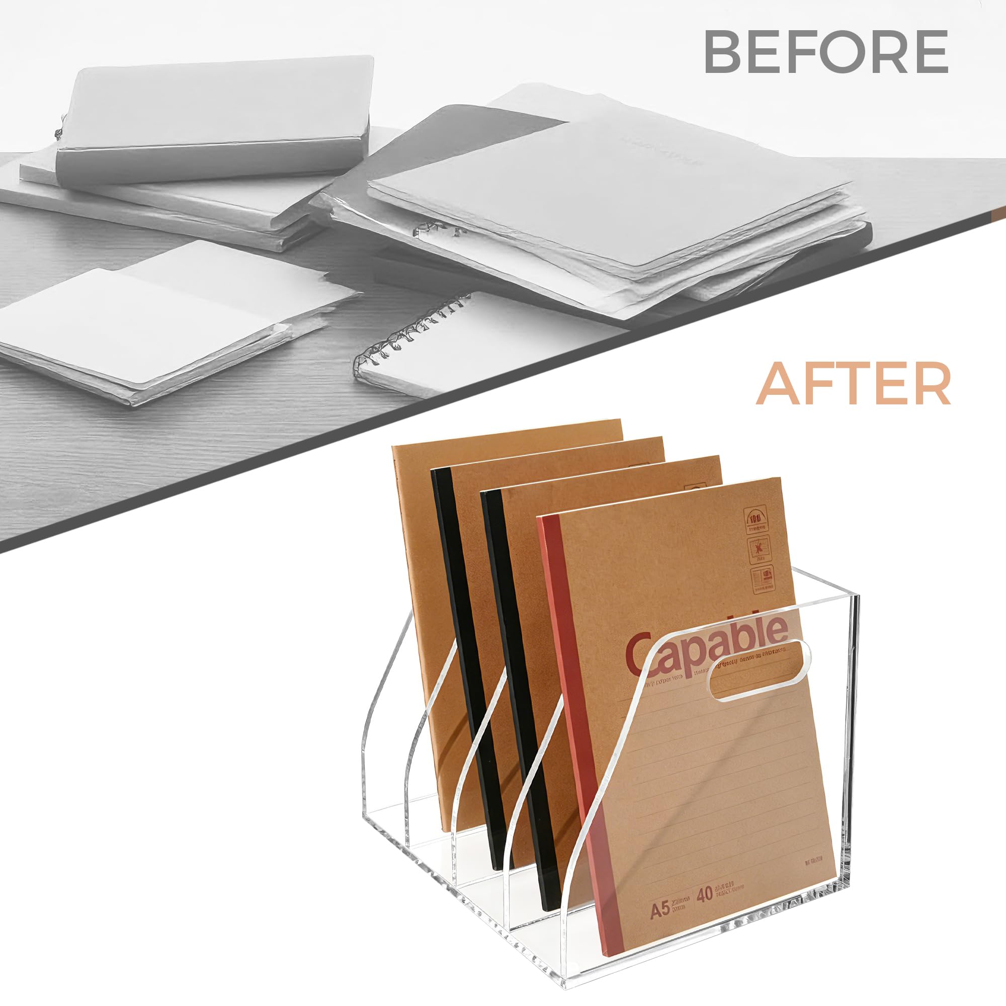 AIMOLLY Acrylic Magazine File Holder, 4 Vertical Compartments Desk Document Sorter Organizer, Clear Folder Rack Binder for Office/Home/Classroom, for Documents, Tablet, Magazines, Books & Accessories