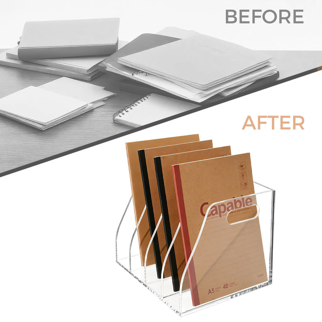 AIMOLLY Acrylic Magazine File Holder, 4 Vertical Compartments Desk Document Sorter Organizer, Clear Folder Rack Binder for Office/Home/Classroom, for Documents, Tablet, Magazines, Books & Accessories