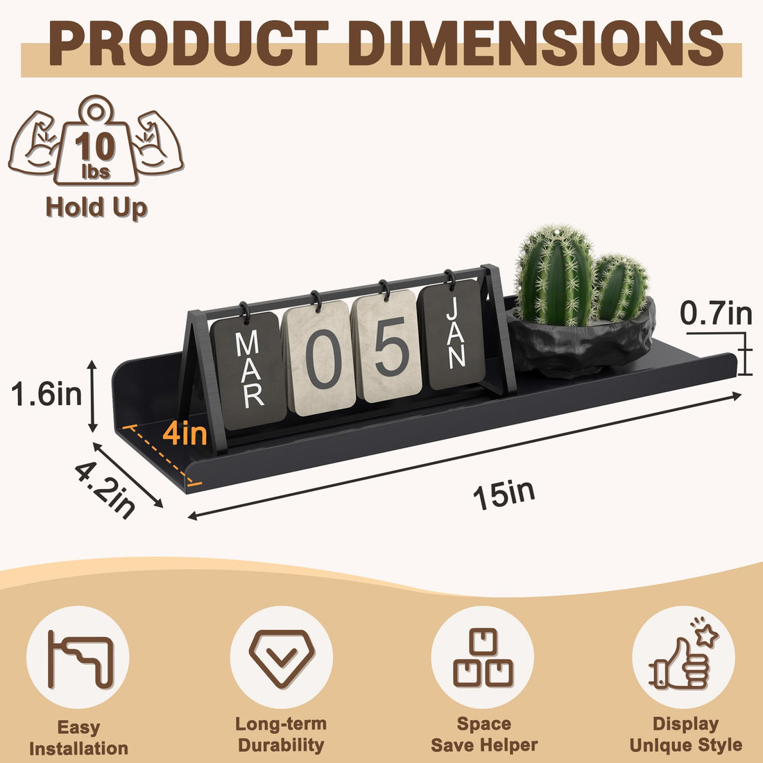 15-Inch Floating Wall Shelves, Pack of 3 — Black – view 2
