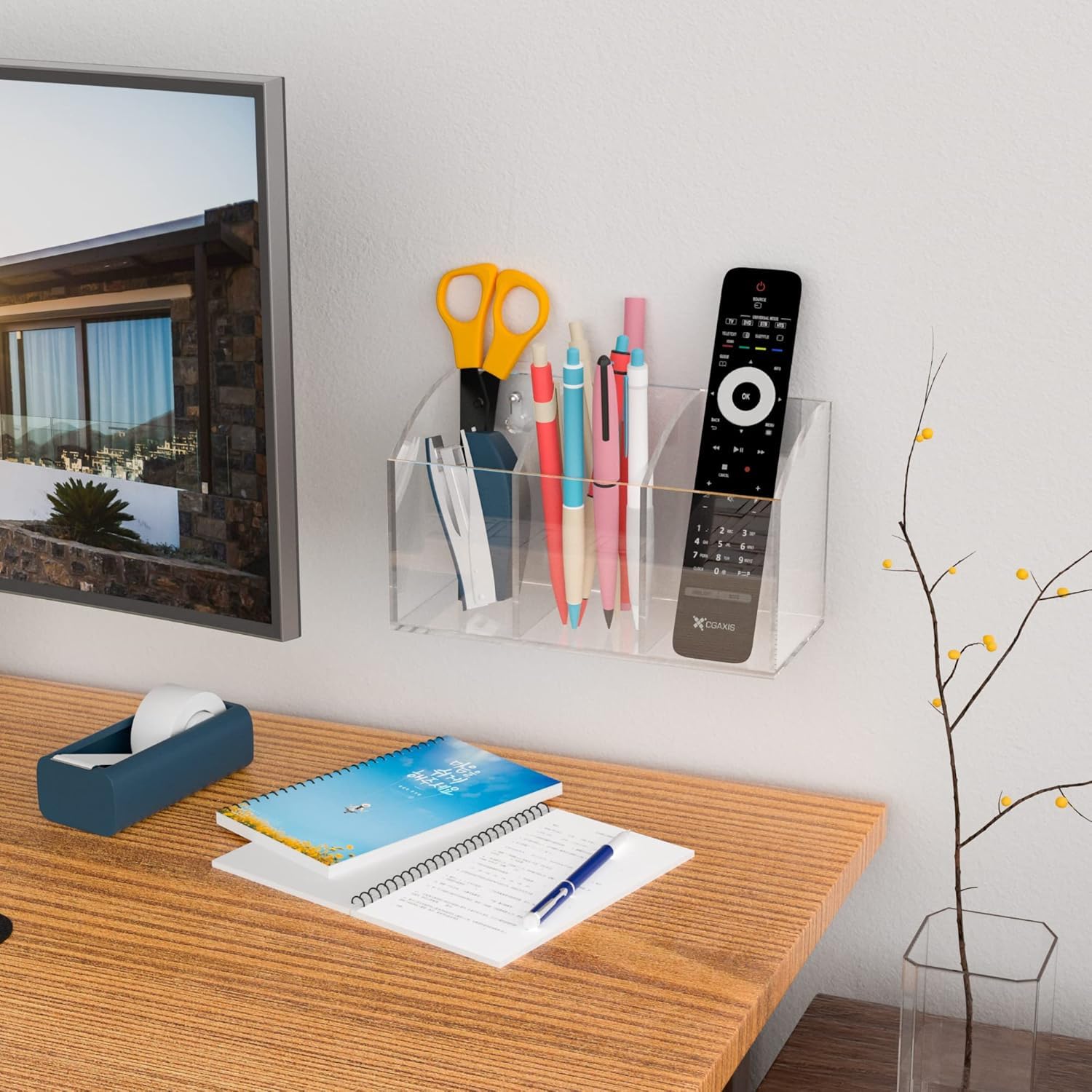 Clear Acrylic Wall-Mount Pen & Remote Holder, 3 Compartments — PENCIL-HOLDER-D3 – view 7