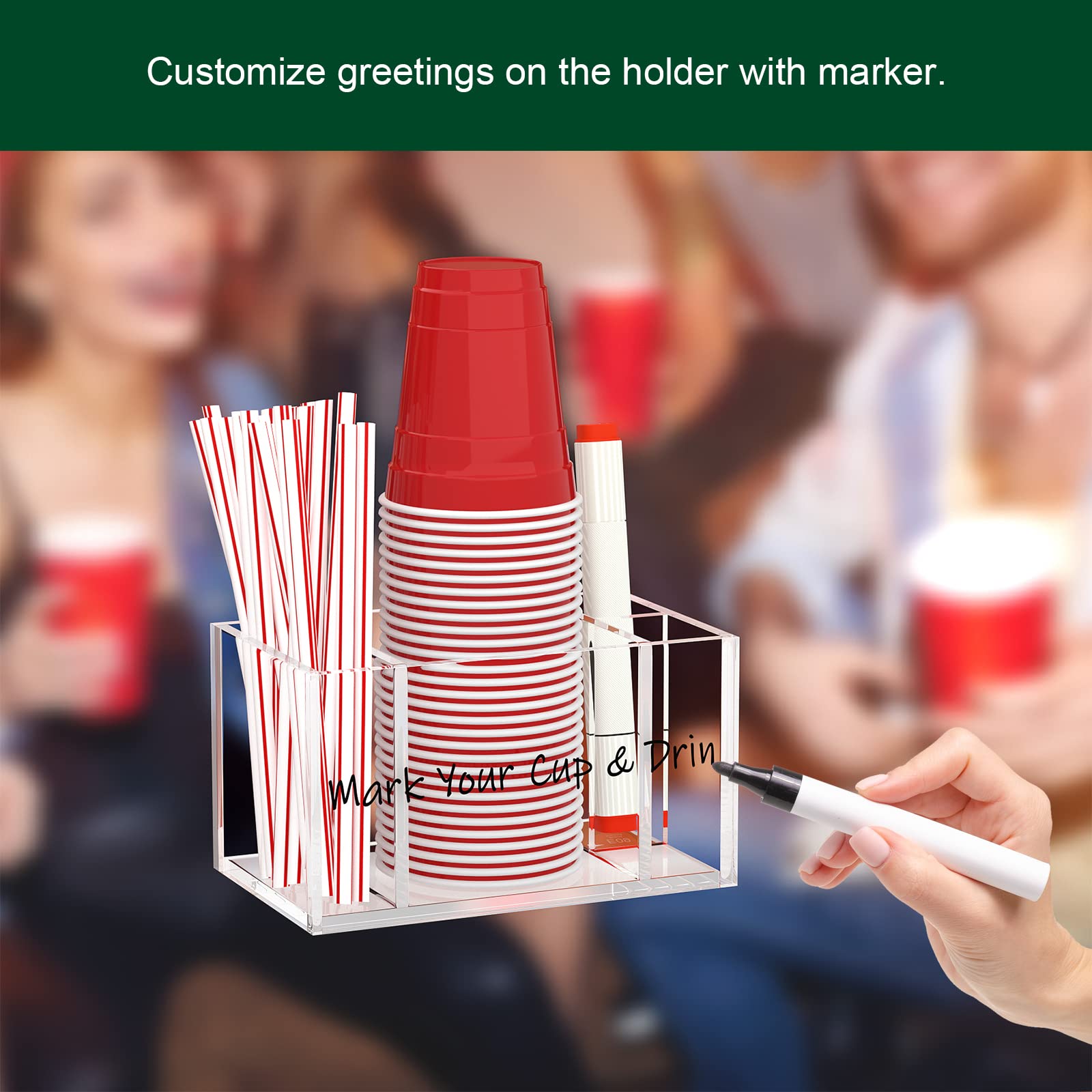 Clear Acrylic Party Cup Holder with Straw & Marker Slots – view 6