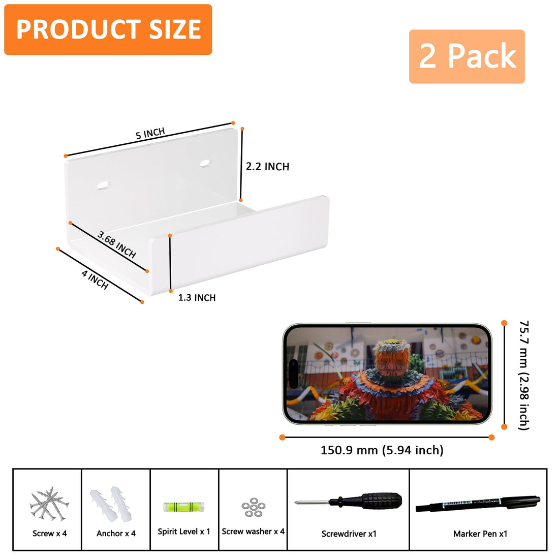 Mini L-Shape Acrylic Wall Shelves, Pack of 2 — 5 inch White – view 2