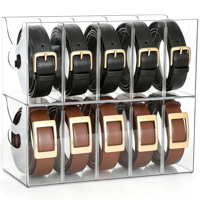 Belt Organizer 2 Pack, 5-Compartment Clear Storage Case for Belts, Ties & Bow Ties, Belt Holder for Closet & Drawer Display Storage Box for Men & Women