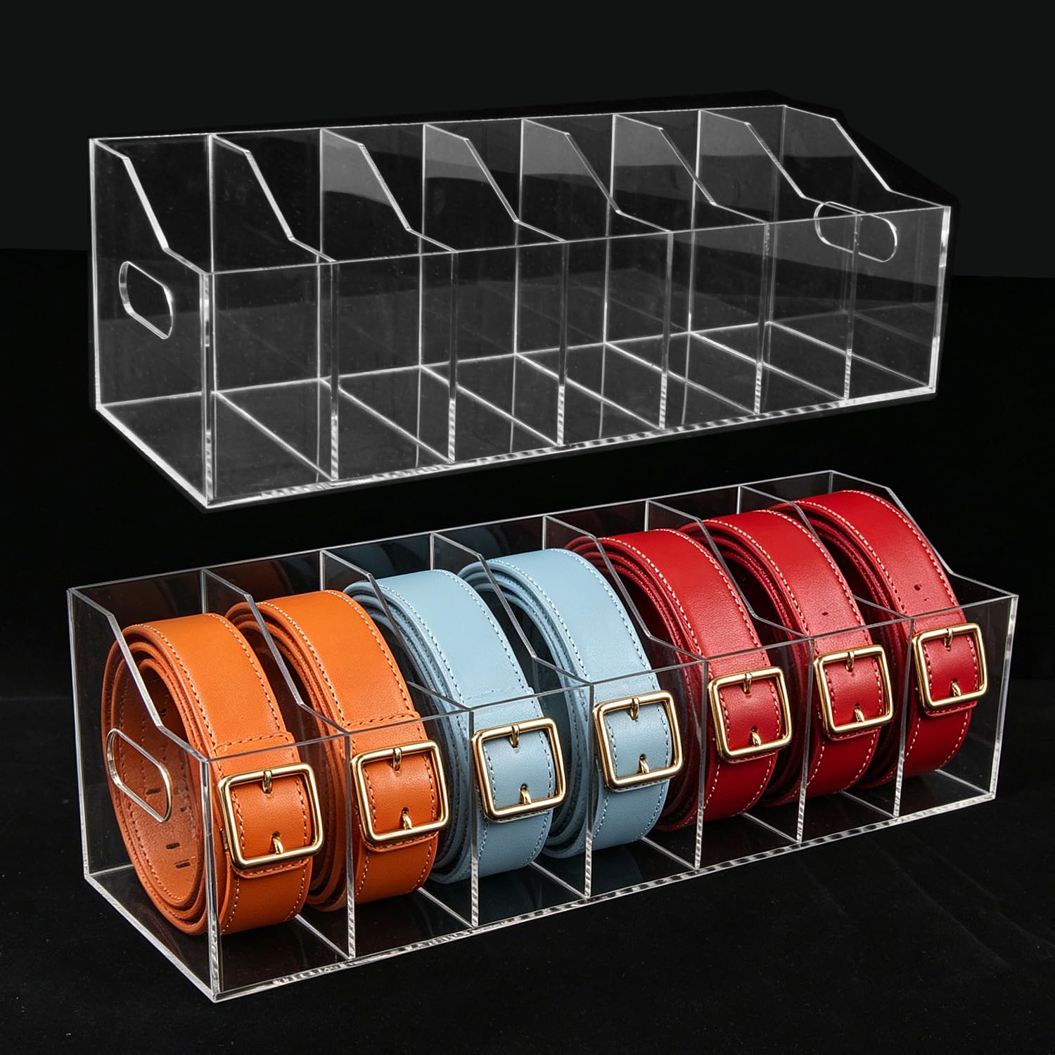 Ymjhdfe Belt Organizer - 7 Compartment Acrylic Belt Display Case for Closet Ties and Bow Ties (Large)