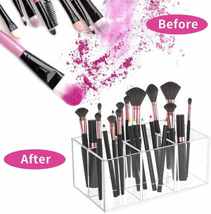 Duveesha Makeup Brush Holder Organizer 6 Slot Black Acrylic Cosmetic Storage for Brushes Sponges Lipsticks Beauty Supplies Compact Organizer for Desk or Vanity Durable and Sleek Makeup Holder (Clear)