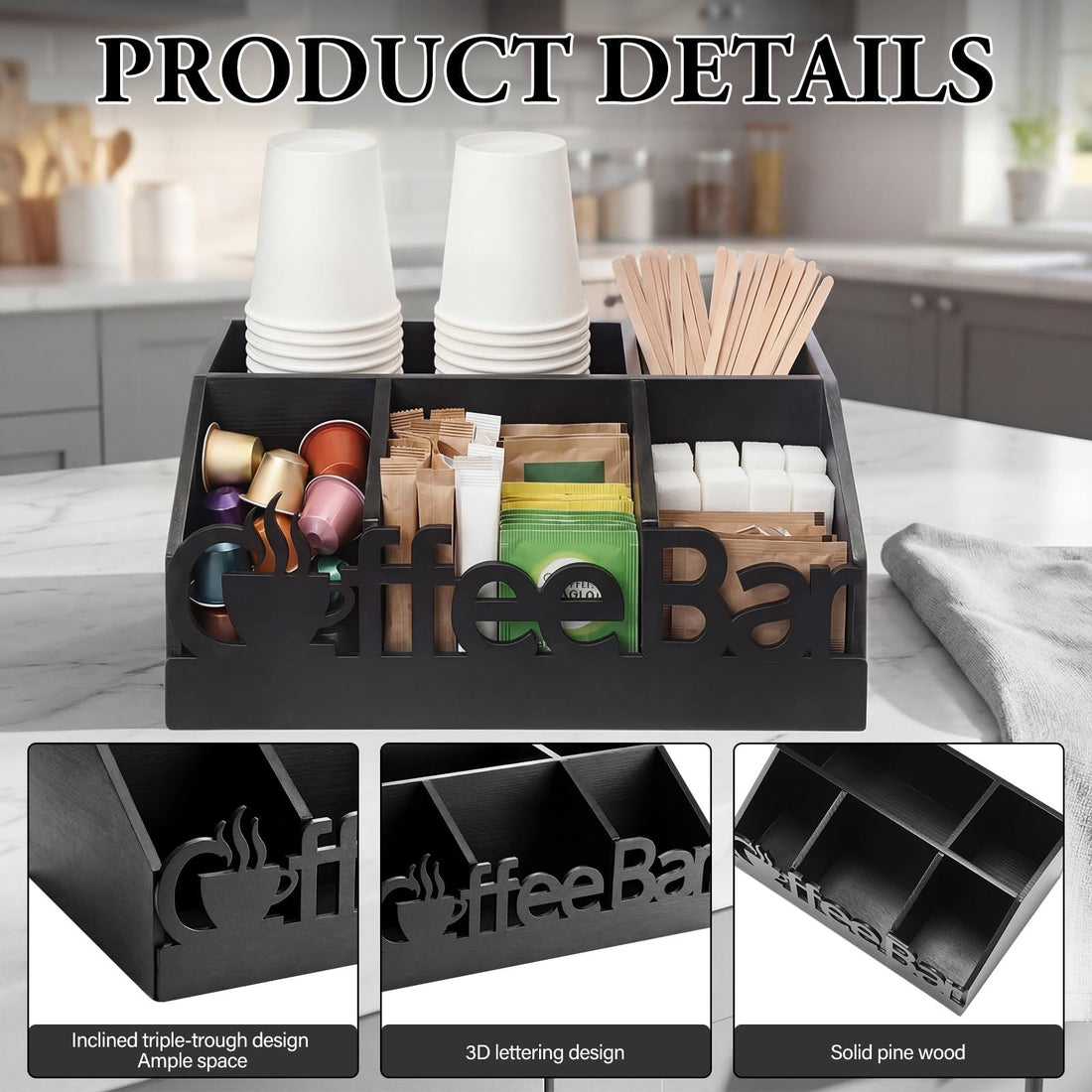 Black Wood Coffee Bar Organizer Caddy, 5 Compartments – view 4