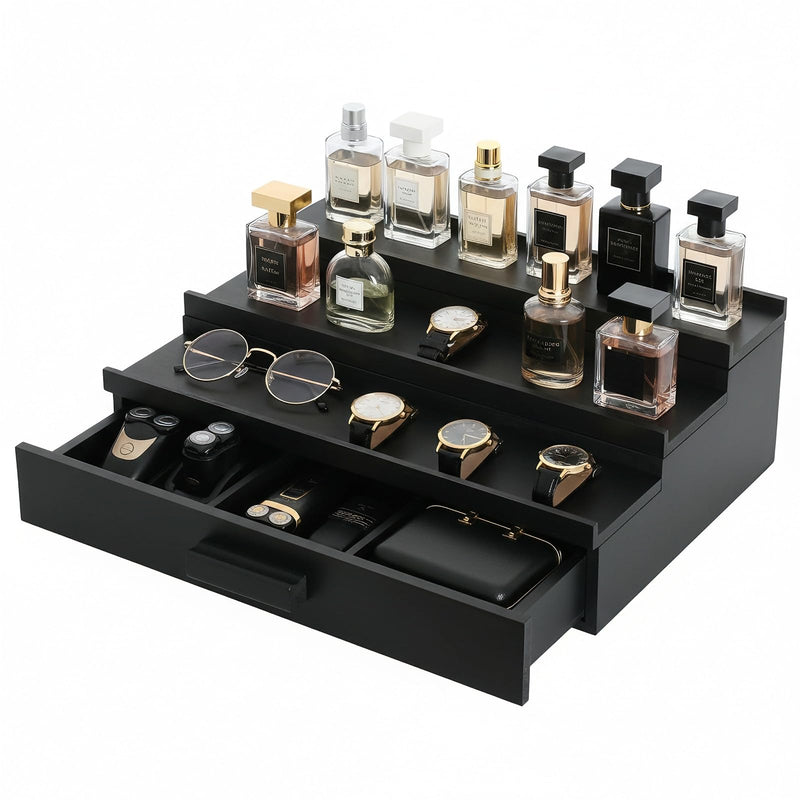 OIKASSU Cologne Organizer for Men,Wood Organizer with Drawer,Black