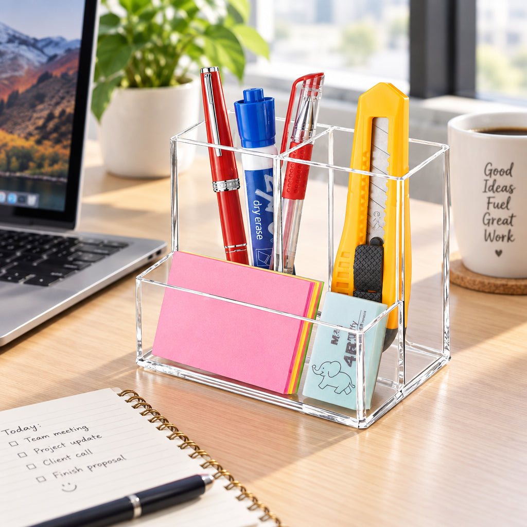 Clear Acrylic Pen Holder, 3 Compartments (2+1 Design) — PENCIL-HOLDER-D1