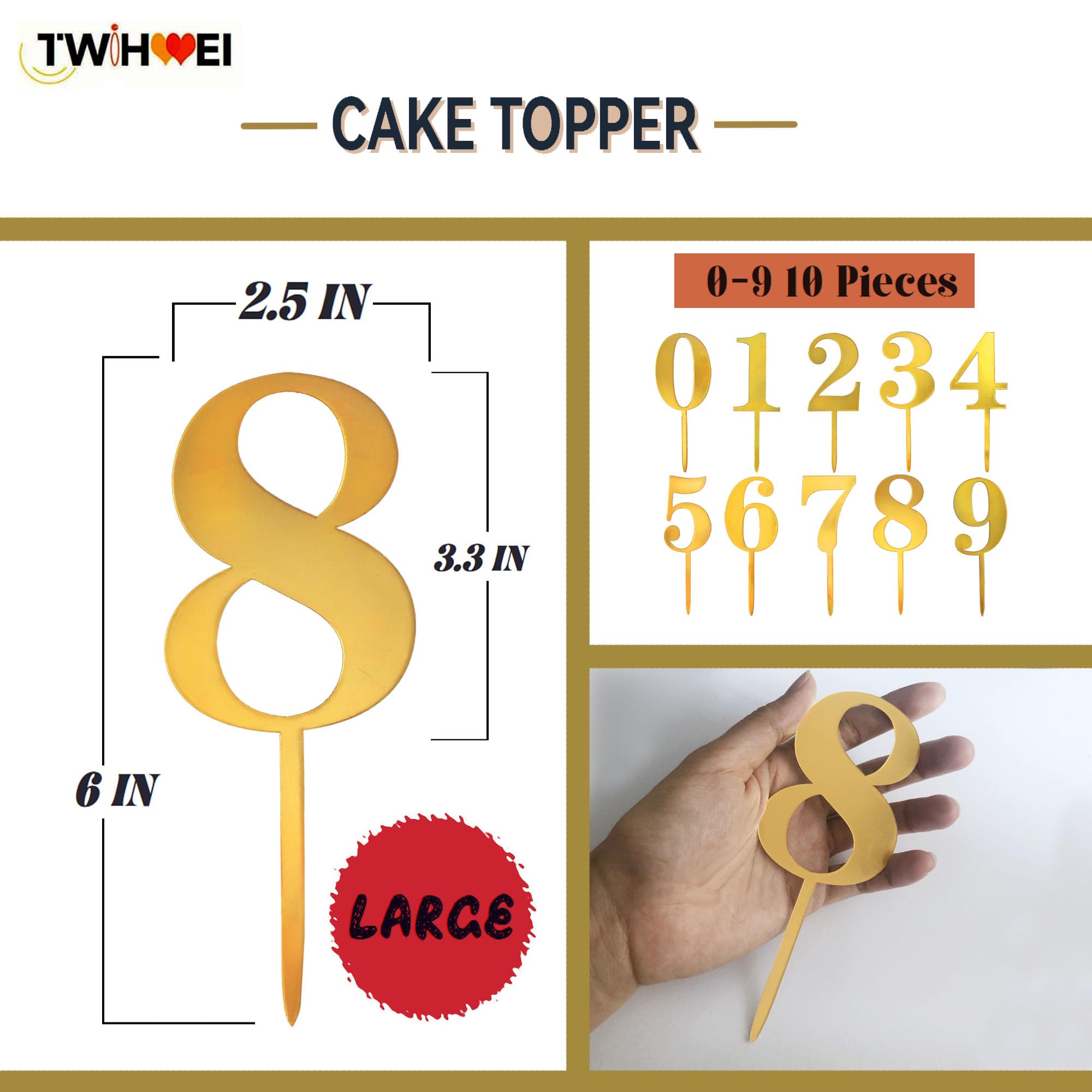 Gold Acrylic Cake Topper Numbers 0-9, 6-In Set – view 2