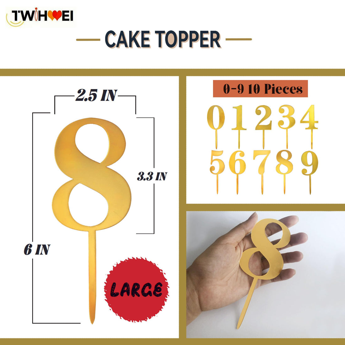 Gold Acrylic Cake Topper Numbers 0-9, 6-In Set – view 2