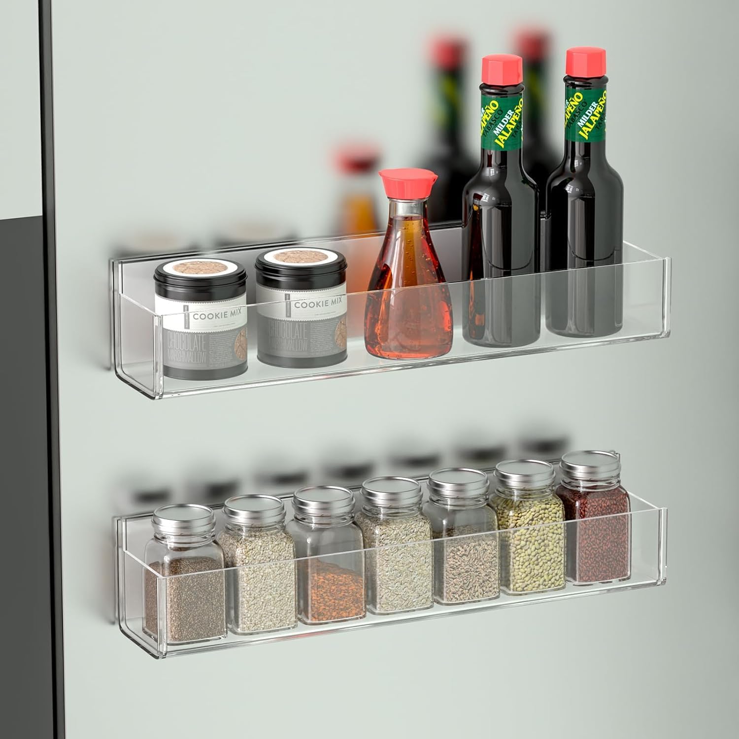 Acrylic Spice Rack for Wall & Cabinet Door, No-Drill Adhesive or Screw Mount, Pack of 2 — Clear – view 6