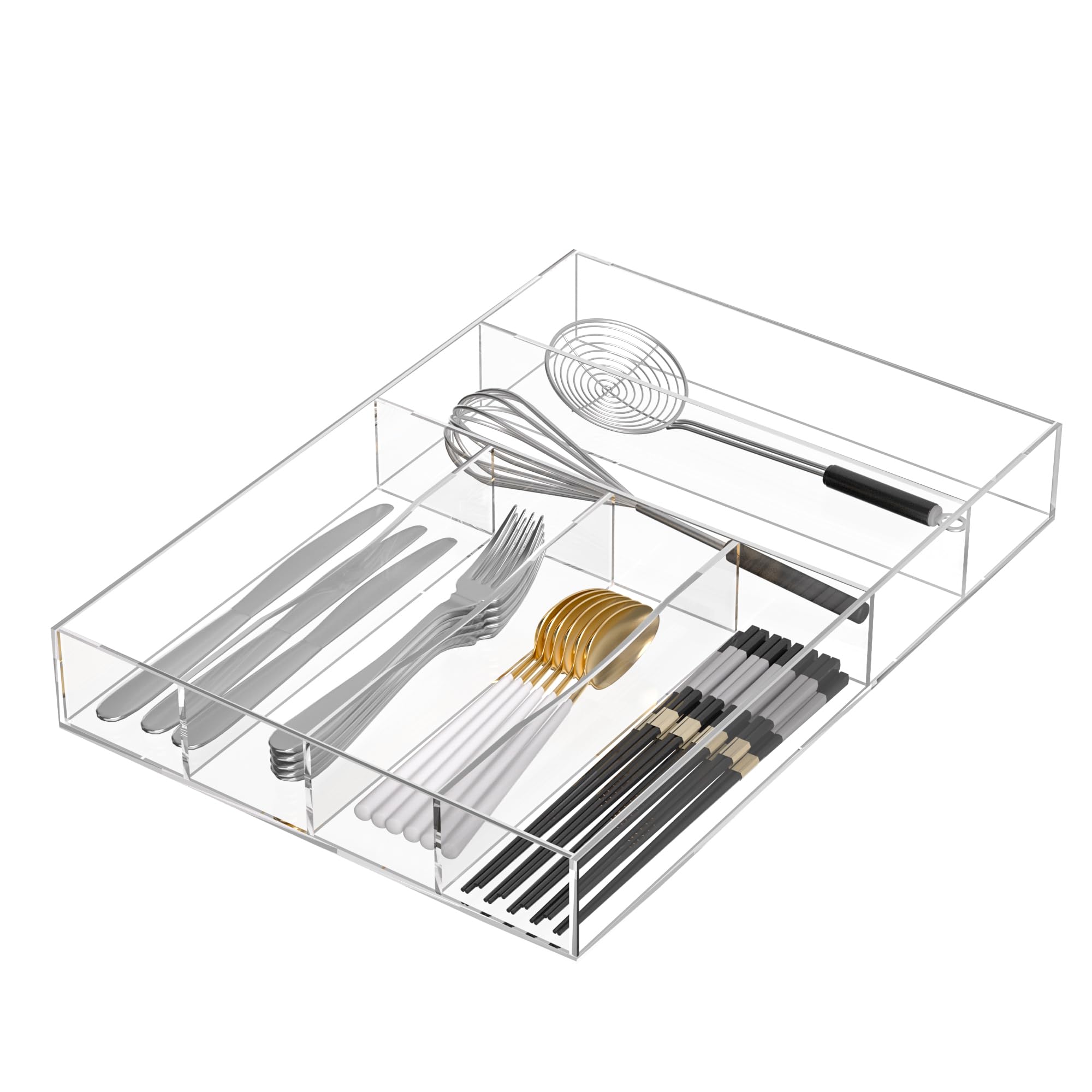 Hongtuocb Acrylic Drawer Organizer, 6 Slots Clear Silverware Holder for Kitchen Utensils, Cutlery Tray with 6 Grids, Heavy Duty Plastic Flatware Caddy for Forks Spoons Knives