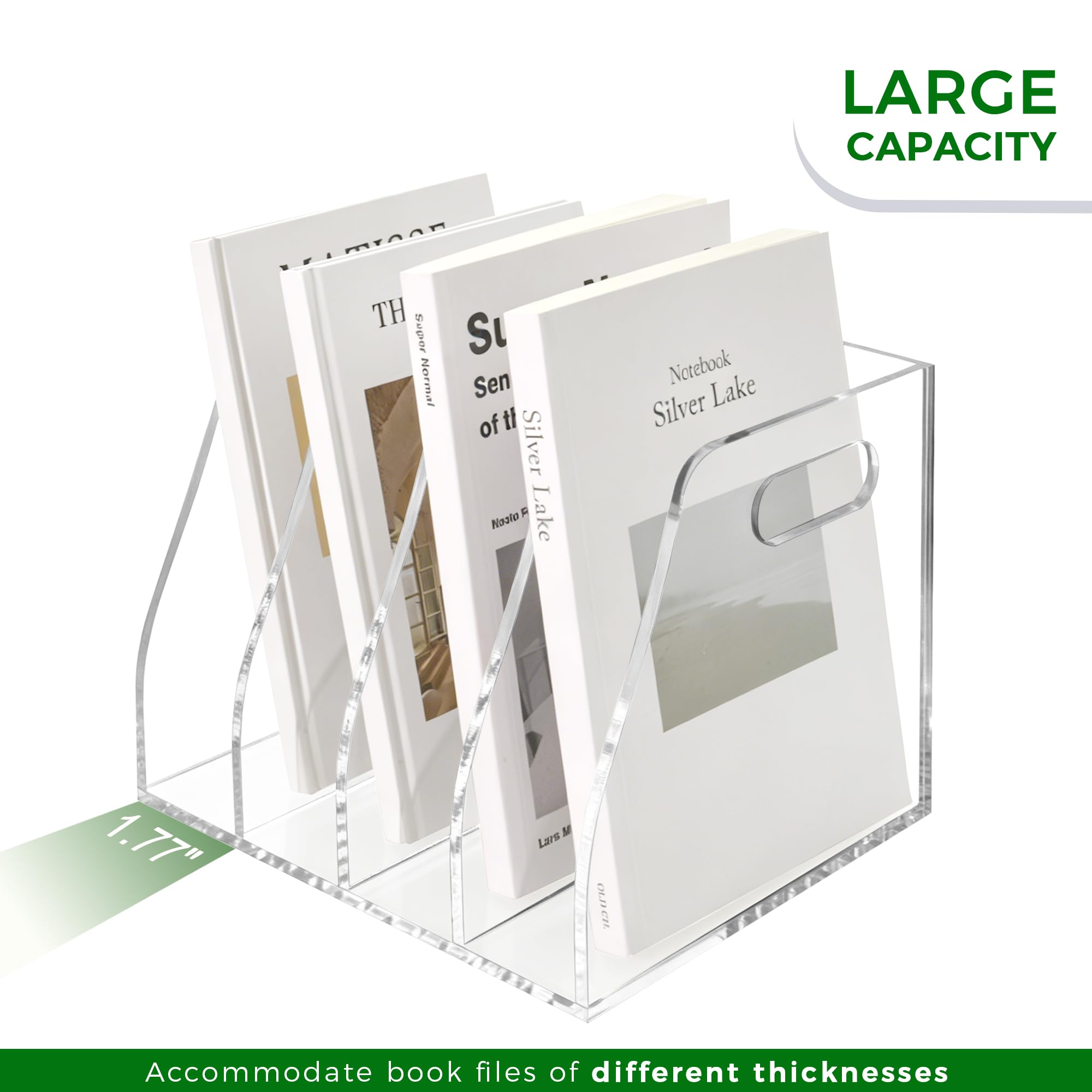 AIMOLLY Acrylic Magazine File Holder, 4 Vertical Compartments Desk Document Sorter Organizer, Clear Folder Rack Binder for Office/Home/Classroom, for Documents, Tablet, Magazines, Books & Accessories