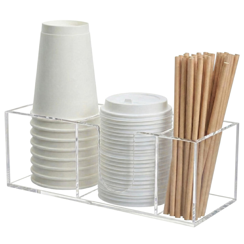Acrylic Cup Organizer & Plastic Cup Holder for Coffee Bar - to Go Cup, Lid and Straw Organizer for Counter - 3 Slot Disposable Cup Storage