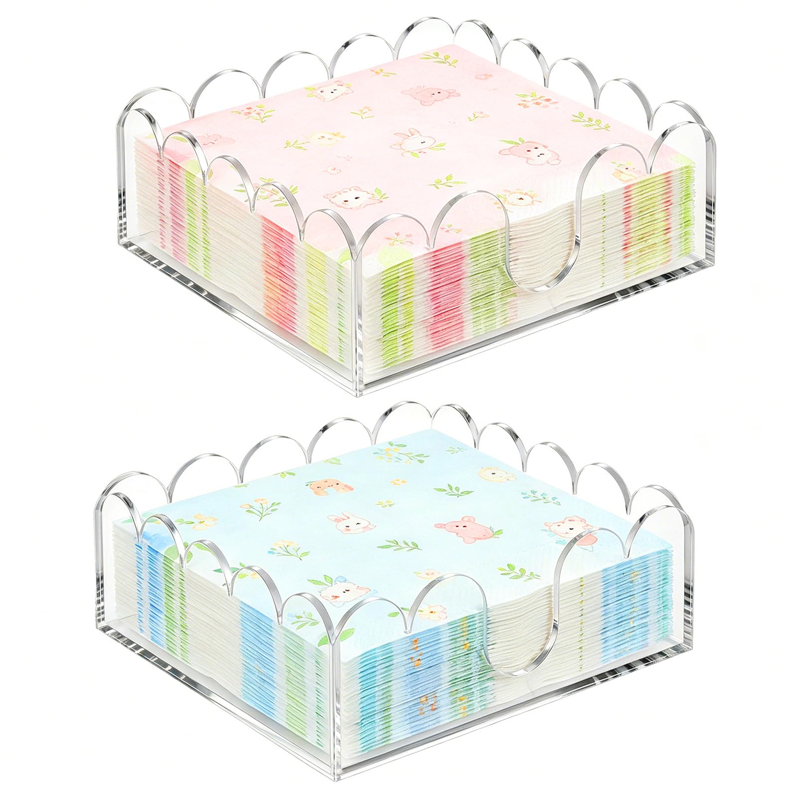 Acrylic Napkin Holder for Cocktails, Napkin Holder, Clear Scalloped Tray and Dispenser Organizes Flat Paper Towels and Disposable Napkins for Weddings, Hotels, Kitchen, Bathroom, Parties