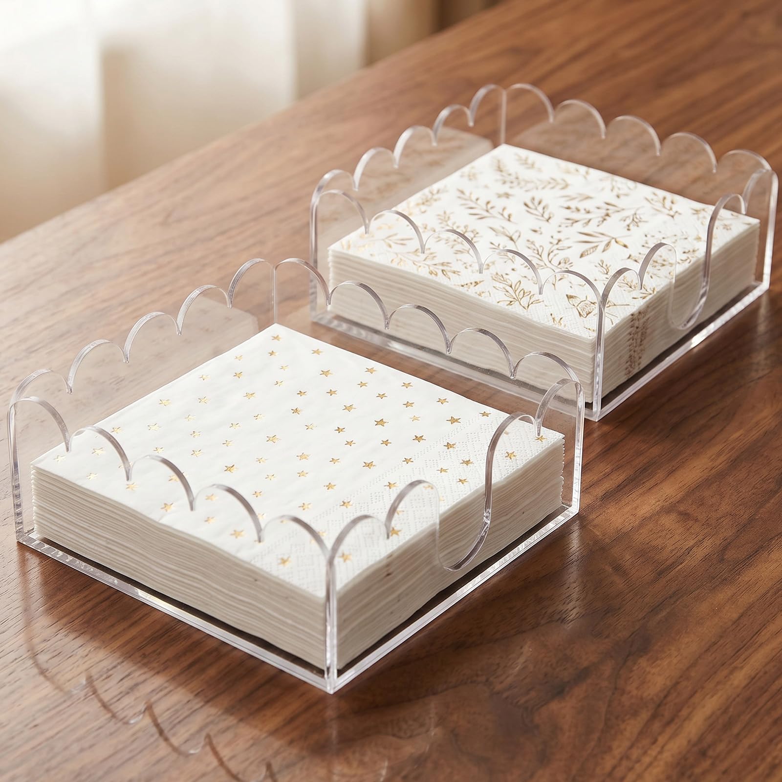 Cocktail Napkin Holder 2 Pack, Acrylic Napkin Holder Crystal Clear Scalloped Tray for Kitchen, Dining, Bar, Restaurant, Wedding, Party (5.5 x 5.5 Inch)