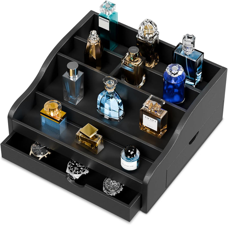 4 Tier Cologne Organizer for Men – Premium Wooden Fragrance | Display Stand with Dual Storage Drawers Watch & Jewelry Holder | Modern Black Grooming Shelf for Dresser Vanity Bedroom Countertop