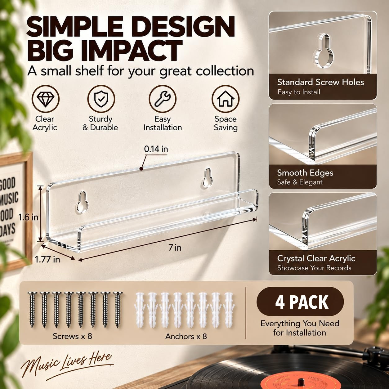 7-Inch Clear Acrylic Vinyl Record Display Wall Shelves, Pack of 8 – view 3