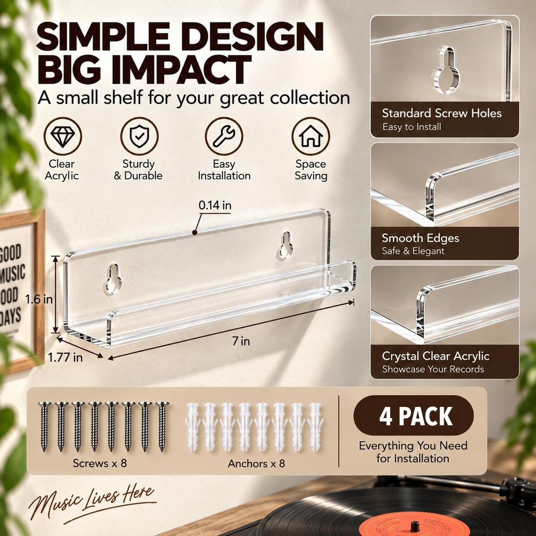7-Inch Clear Acrylic Vinyl Record Display Wall Shelves, Pack of 8 – view 3