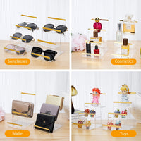 2 Pack 3-Tier Purse Display Stands, Acrylic Wallet Holder Risers Stand, 2-Inch Spacing Clear Clutch Rack Handbag Display Shelf, 4MM Thick Counter Wallet Organizer for Figure Sunglasses Retail Vendor