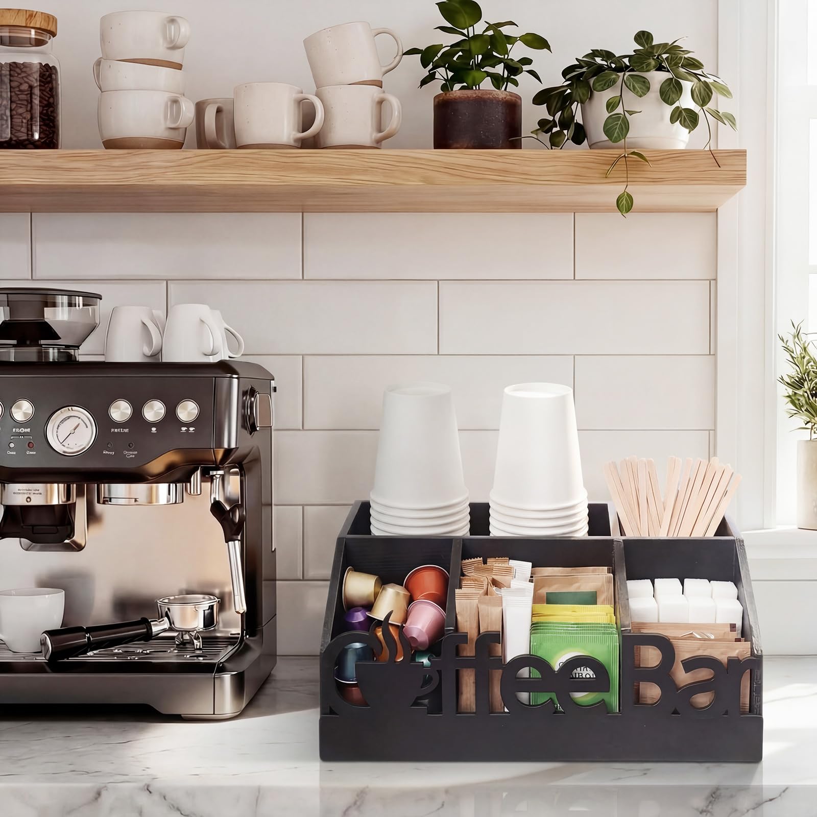 Black Wood Coffee Bar Organizer Caddy, 5 Compartments