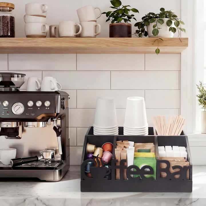 Black Wood Coffee Bar Organizer Caddy, 5 Compartments