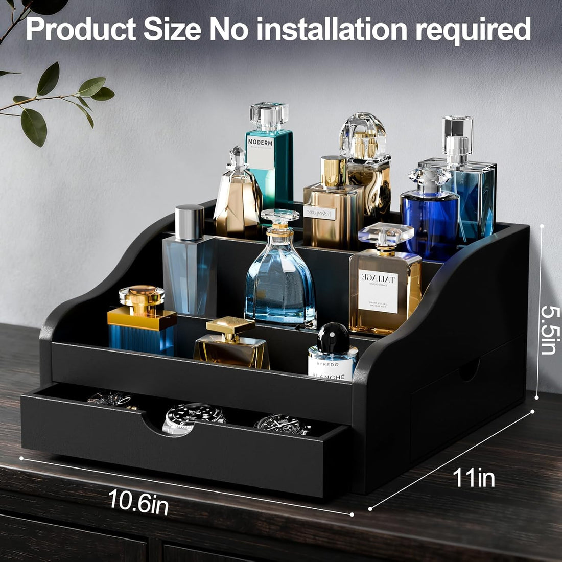 Black Wood Cologne Organizer with 2 Drawers, 4 Tier – view 3