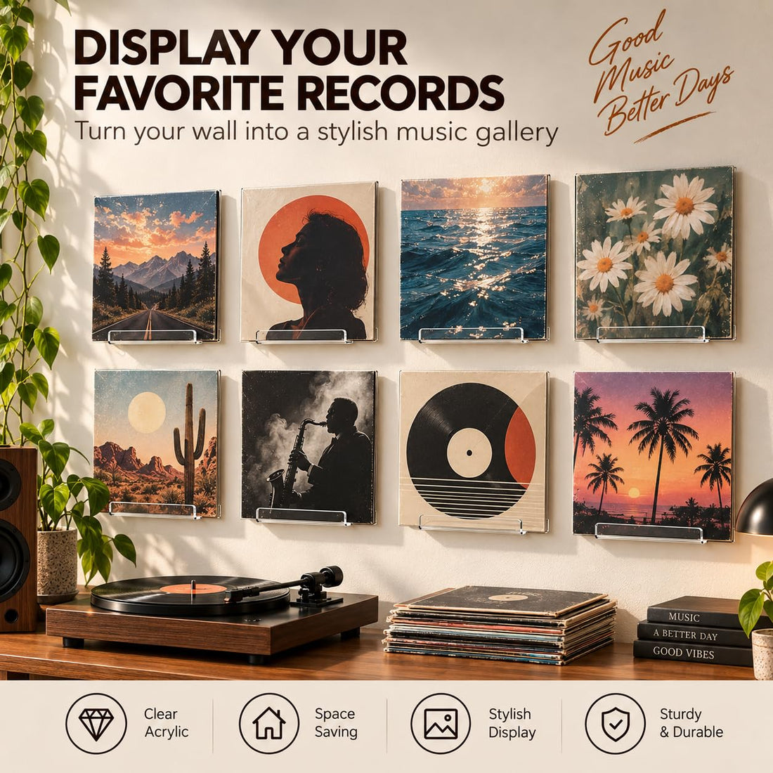 7-Inch Clear Acrylic Vinyl Record Display Wall Shelves, Pack of 8 – view 2