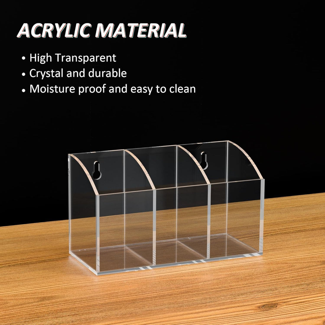 Clear Acrylic Wall-Mount Pen & Remote Holder, 3 Compartments — PENCIL-HOLDER-D3 – view 5
