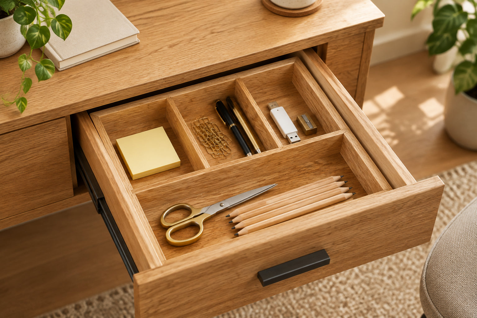 Oak Wood Desk & Drawer Organizer Tray, 4 Sections